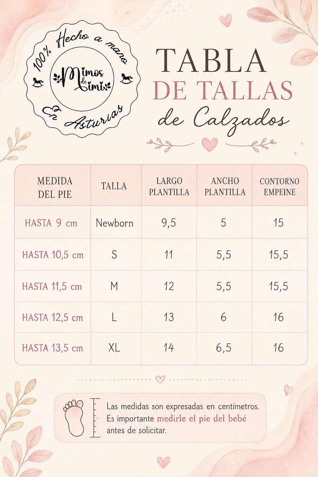 Tabla de tallas calzado Mimos de Mimi