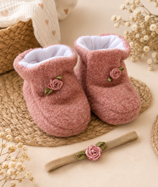 Mini botitas en paño bucle rosa